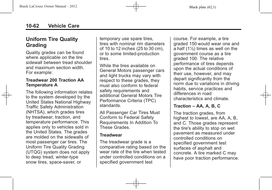 Uniform tire quality grading, Uniform tire quality, Grading -62 | Recreational | Buick 2012 LaCrosse User Manual | Page 388 / 496