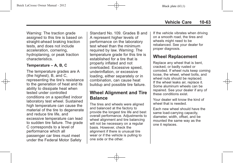 Wheel alignment and tire balance, Wheel replacement, Wheel alignment and | Tire balance -63, Wheel replacement -63 | Buick 2012 LaCrosse User Manual | Page 389 / 496