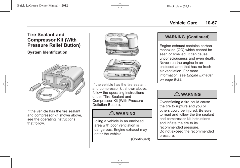 Tire sealant and compressor, Kit (with pressure relief button) -67 | Buick 2012 LaCrosse User Manual | Page 393 / 496