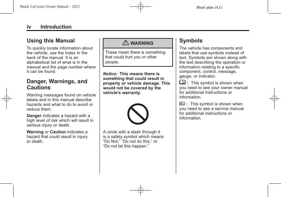 Using this manual, Danger, warnings, and cautions, Symbols | Buick 2012 LaCrosse User Manual | Page 4 / 496