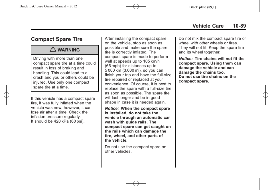 Compact spare tire, Compact spare tire -89 | Buick 2012 LaCrosse User Manual | Page 415 / 496