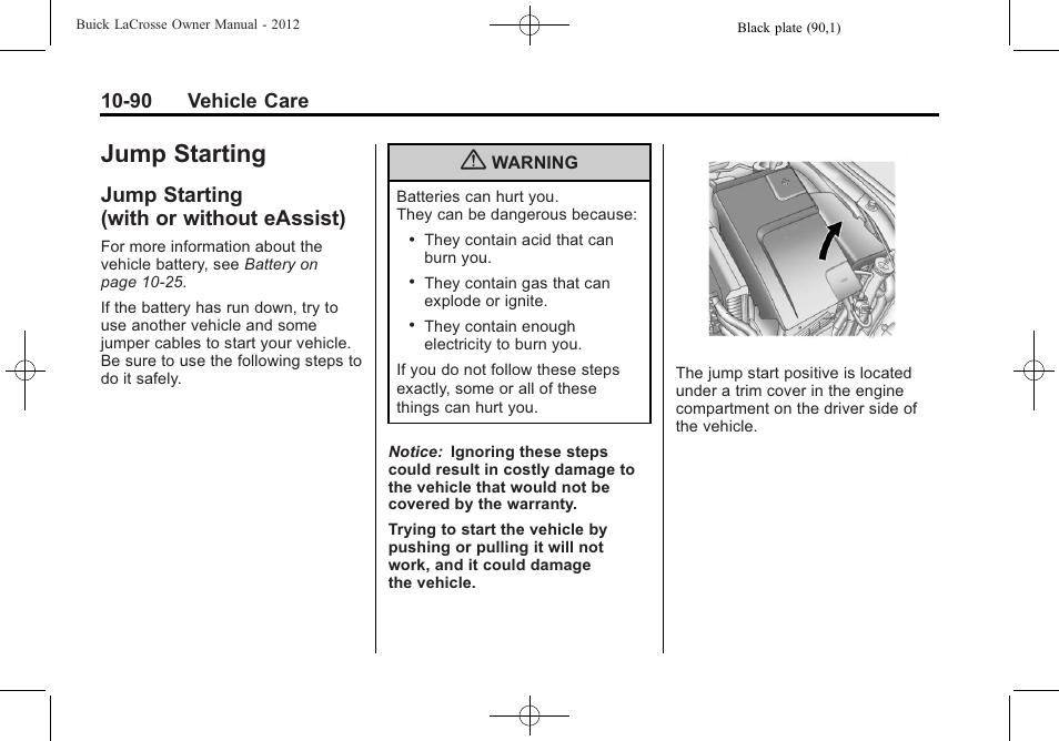 Jump starting, Jump starting (with or without eassist), Jump starting -90 | Jump starting (with or, Without eassist) -90 | Buick 2012 LaCrosse User Manual | Page 416 / 496