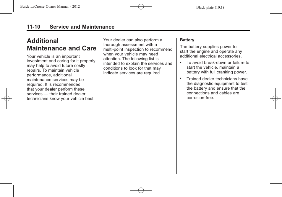 Additional maintenance and care, Maintenance, And care -10 | Onstar, Additional maintenance, 10 service and maintenance | Buick 2012 LaCrosse User Manual | Page 440 / 496