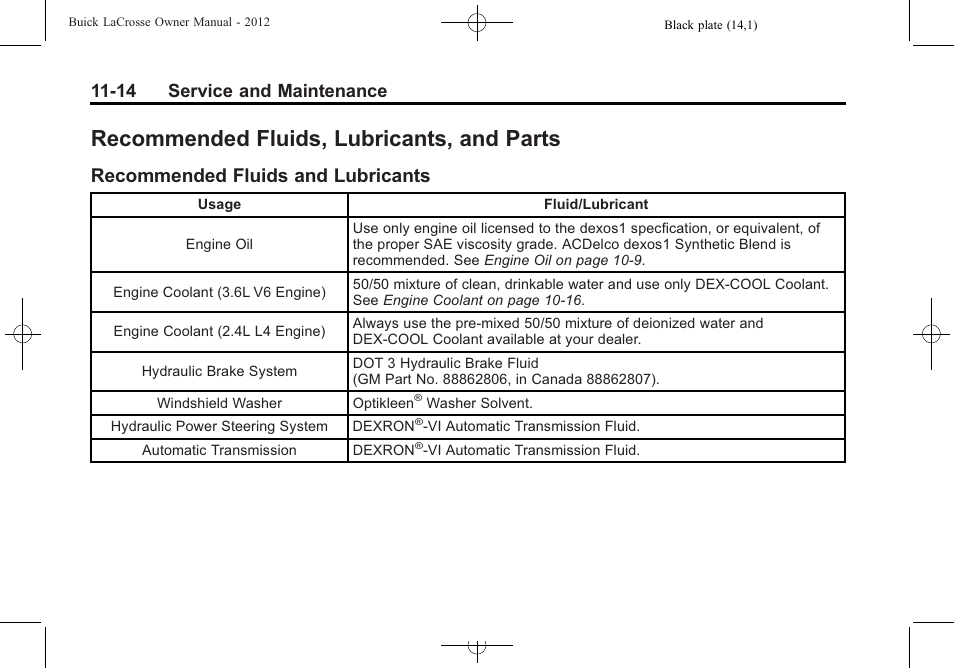 Recommended fluids, lubricants, and parts, Recommended fluids and lubricants, Recommended fluids | Lubricants, and parts -14, Onstar, Recommended fluids and, Lubricants -14, 14 service and maintenance | Buick 2012 LaCrosse User Manual | Page 444 / 496