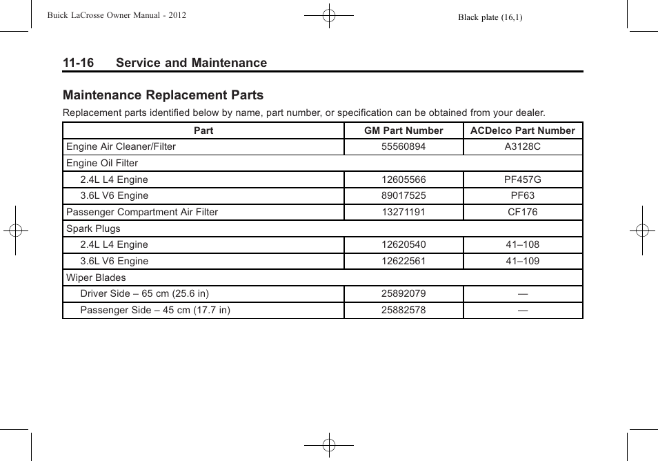 Maintenance replacement parts, Maintenance replacement, Parts -16 | 16 service and maintenance | Buick 2012 LaCrosse User Manual | Page 446 / 496