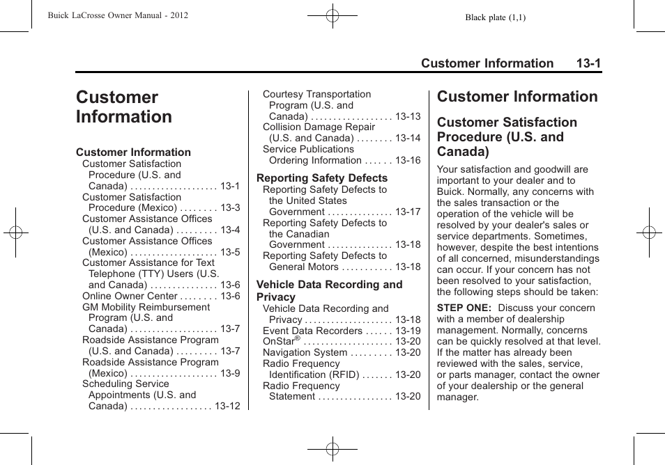 Customer information, Customer satisfaction procedure (u.s. and canada), Customer information -1 | Customer information 13-1 | Buick 2012 LaCrosse User Manual | Page 455 / 496