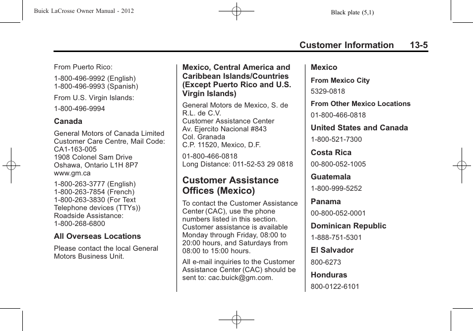 Customer assistance offices (mexico), Customer assistance offices, Mexico) -5 | Reporting safety, Customer information 13-5 | Buick 2012 LaCrosse User Manual | Page 459 / 496