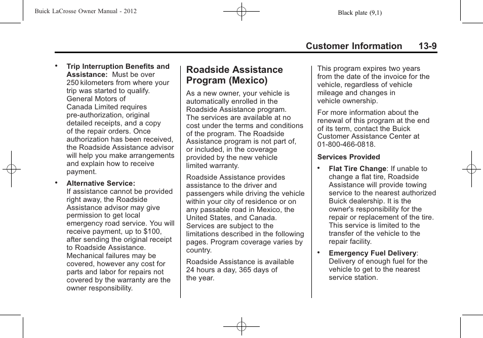 Roadside assistance program (mexico), Roadside assistance program, Mexico) -9 | Customer information 13-9 | Buick 2012 LaCrosse User Manual | Page 463 / 496