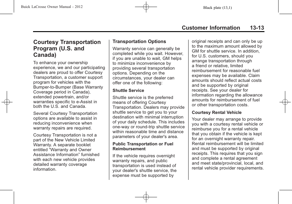 Courtesy transportation program (u.s. and canada), Courtesy transportation, Program (u.s. and canada) -13 | Buick 2012 LaCrosse User Manual | Page 467 / 496