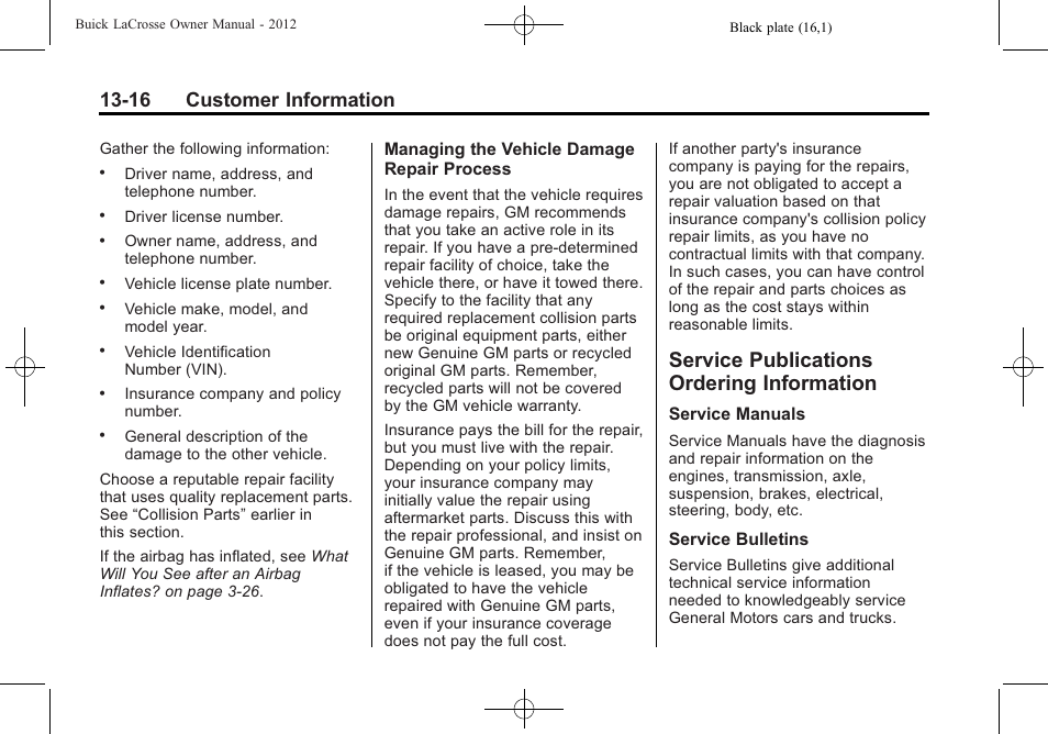 Service publications ordering information, Service publications, Ordering information -16 | 16 customer information | Buick 2012 LaCrosse User Manual | Page 470 / 496