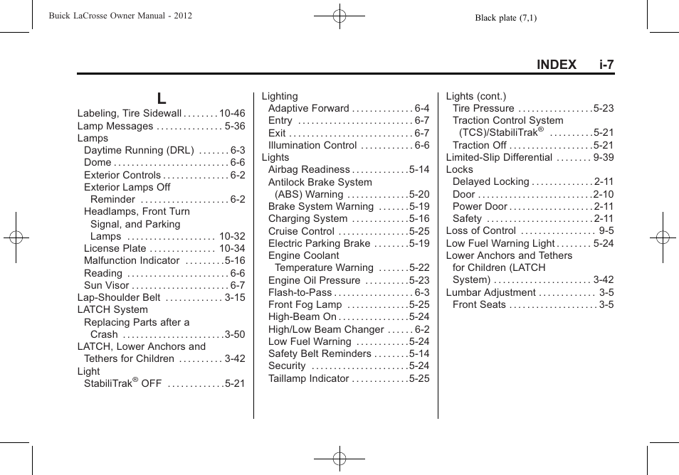 Index_l, Index i-7 | Buick 2012 LaCrosse User Manual | Page 489 / 496