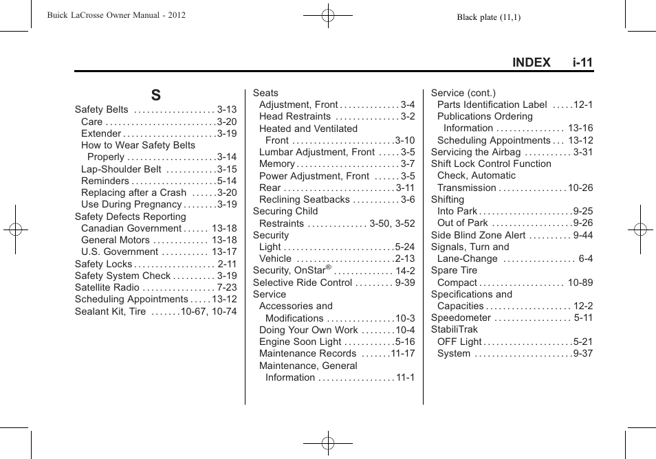 Index_s, Index i-11 | Buick 2012 LaCrosse User Manual | Page 493 / 496