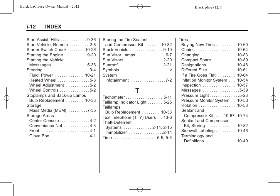 Index_t, I-12 index | Buick 2012 LaCrosse User Manual | Page 494 / 496