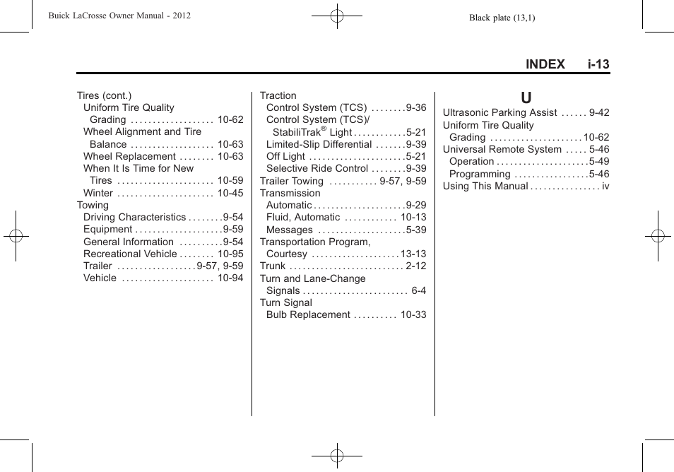 Index_u, Index i-13 | Buick 2012 LaCrosse User Manual | Page 495 / 496