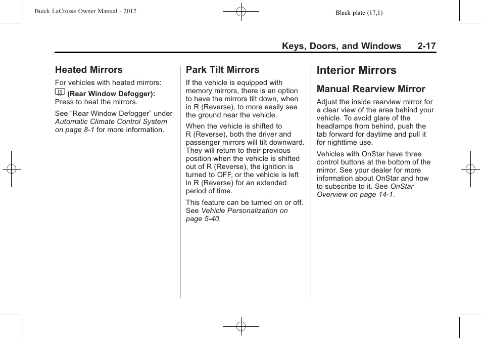 Heated mirrors, Park tilt mirrors, Interior mirrors | Manual rearview mirror, Interior mirrors -17, Heated mirrors -17 park tilt mirrors -17, Rearview mirror -17 | Buick 2012 LaCrosse User Manual | Page 51 / 496