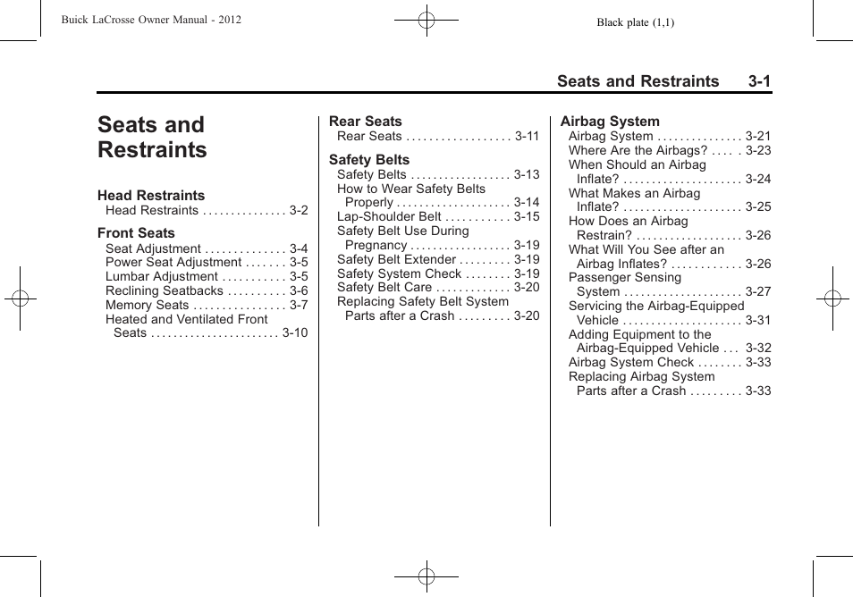 Seats and restraints, Seats and restraints -1 | Buick 2012 LaCrosse User Manual | Page 57 / 496