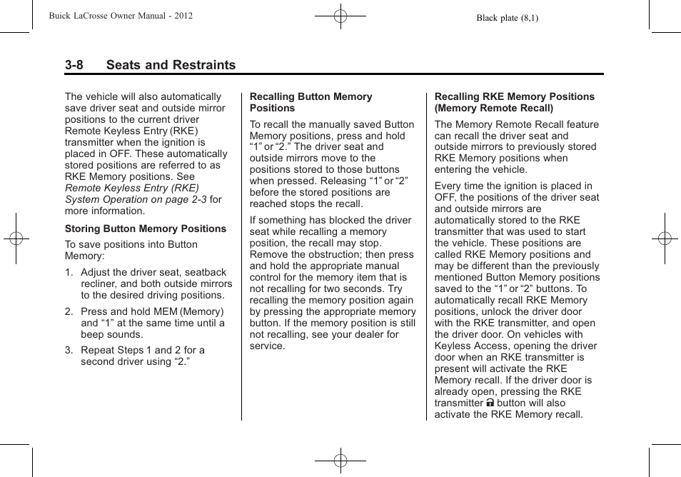 8 seats and restraints | Buick 2012 LaCrosse User Manual | Page 64 / 496