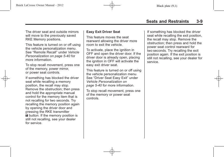 Seats and restraints 3-9 | Buick 2012 LaCrosse User Manual | Page 65 / 496