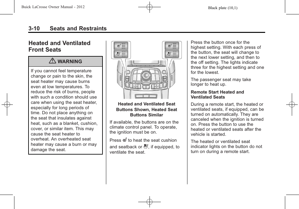 Heated and ventilated front seats, Heated and ventilated front, Seats -10 | Buick 2012 LaCrosse User Manual | Page 66 / 496