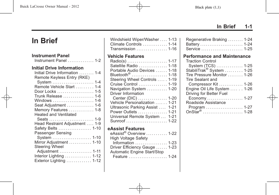 In brief, In brief -1 | Buick 2012 LaCrosse User Manual | Page 7 / 496