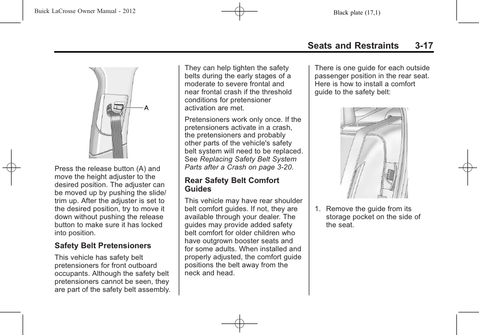 Seats and restraints 3-17 | Buick 2012 LaCrosse User Manual | Page 73 / 496