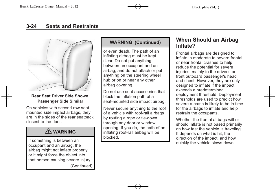 When should an airbag inflate, When should an airbag, Inflate? -24 | Buick 2012 LaCrosse User Manual | Page 80 / 496