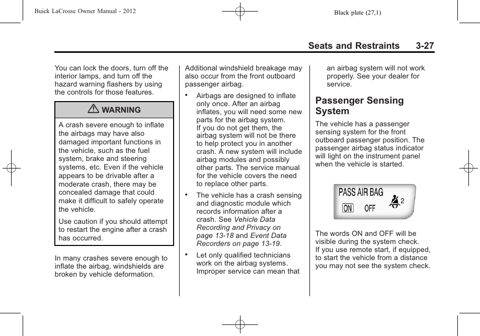 Passenger sensing system, Passenger sensing, System -27 | Seats and restraints 3-27 | Buick 2012 LaCrosse User Manual | Page 83 / 496