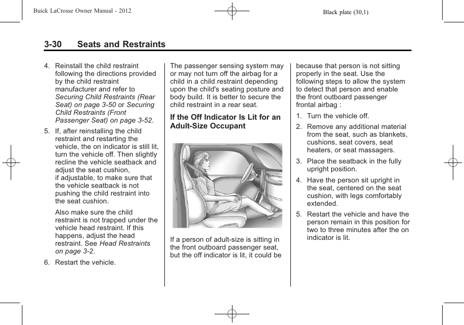 30 seats and restraints | Buick 2012 LaCrosse User Manual | Page 86 / 496