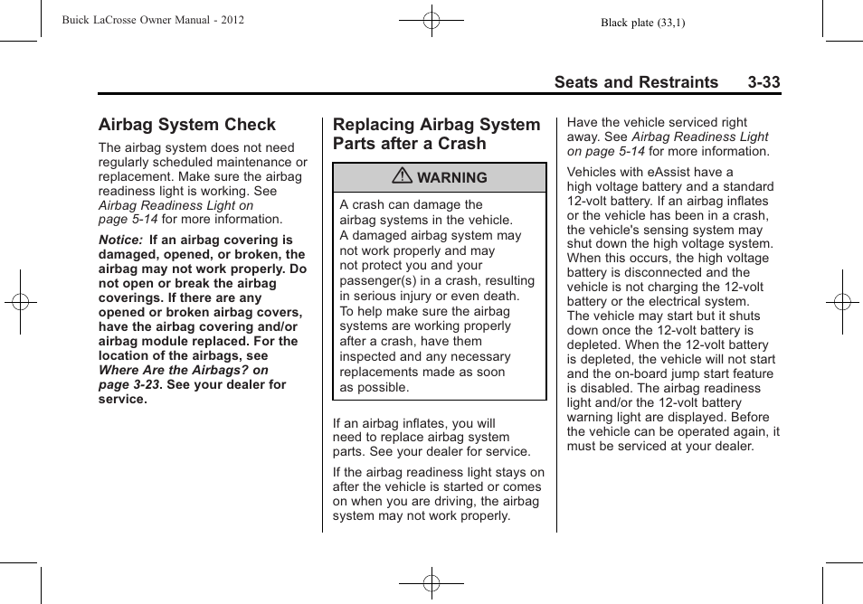 Airbag system check, Replacing airbag system parts after a crash, Airbag system check -33 replacing airbag system | Parts after a crash -33 | Buick 2012 LaCrosse User Manual | Page 89 / 496