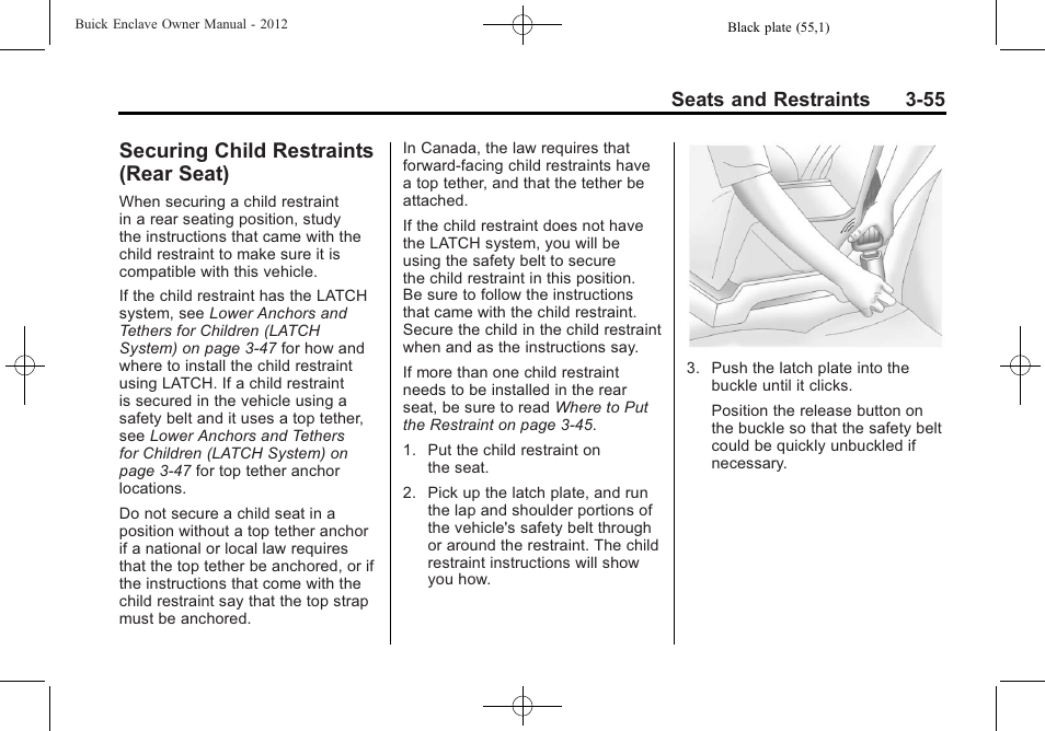 Securing child restraints (rear seat), Securing child restraints, Rear seat) -55 | Seats and restraints 3-55 | Buick 2012 Enclave User Manual | Page 109 / 474