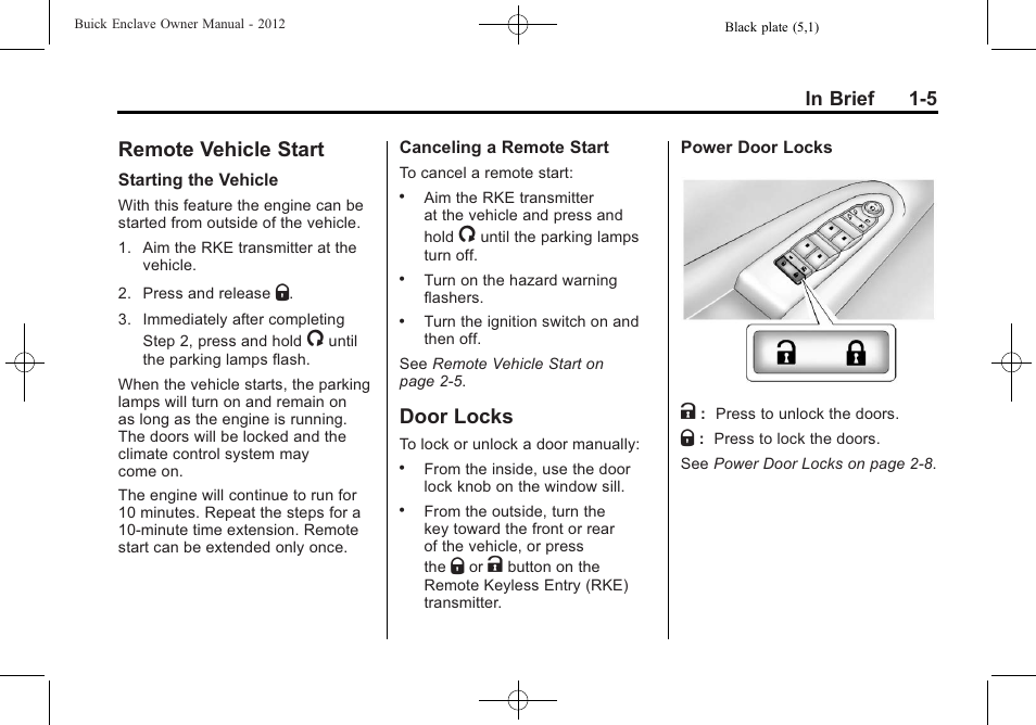 Remote vehicle start, Door locks, Remote vehicle start -5 door locks -5 | Windshield | Buick 2012 Enclave User Manual | Page 11 / 474