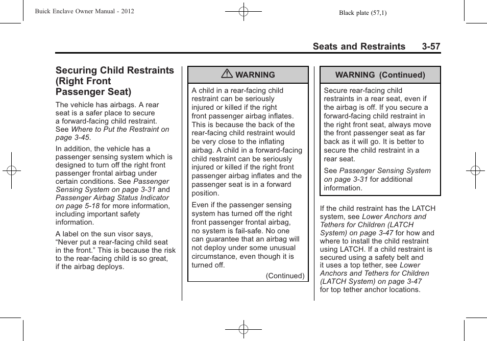 Securing child restraints, Right front passenger seat) -57 | Buick 2012 Enclave User Manual | Page 111 / 474