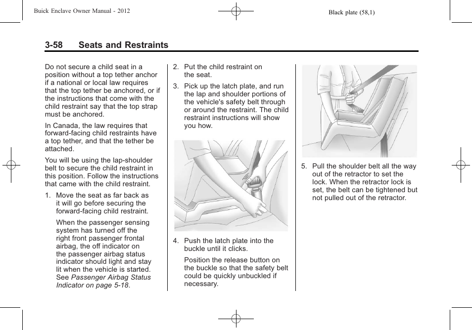 58 seats and restraints | Buick 2012 Enclave User Manual | Page 112 / 474