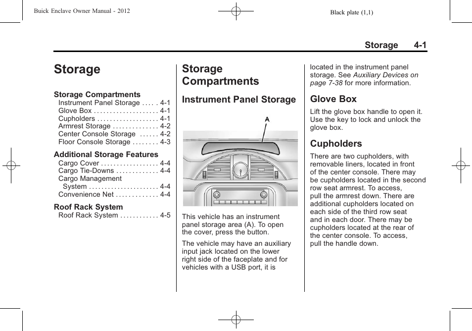 Storage, Storage compartments, Instrument panel storage | Glove box, Cupholders, Storage -1, Storage compartments -1, Phone, Instrument panel storage on | Buick 2012 Enclave User Manual | Page 115 / 474