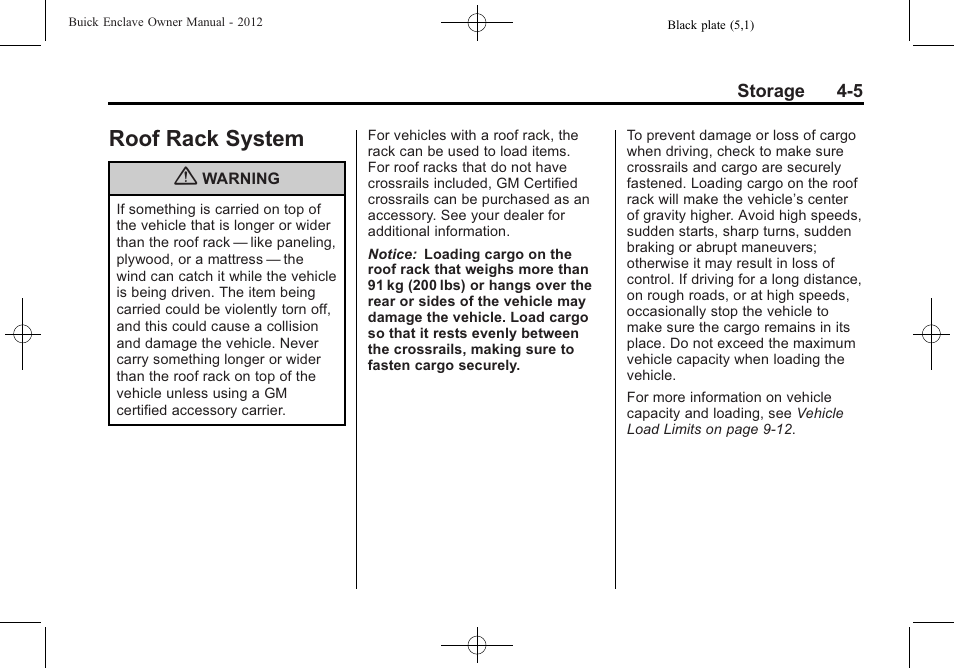 Roof rack system, Roof rack system -5 | Buick 2012 Enclave User Manual | Page 119 / 474