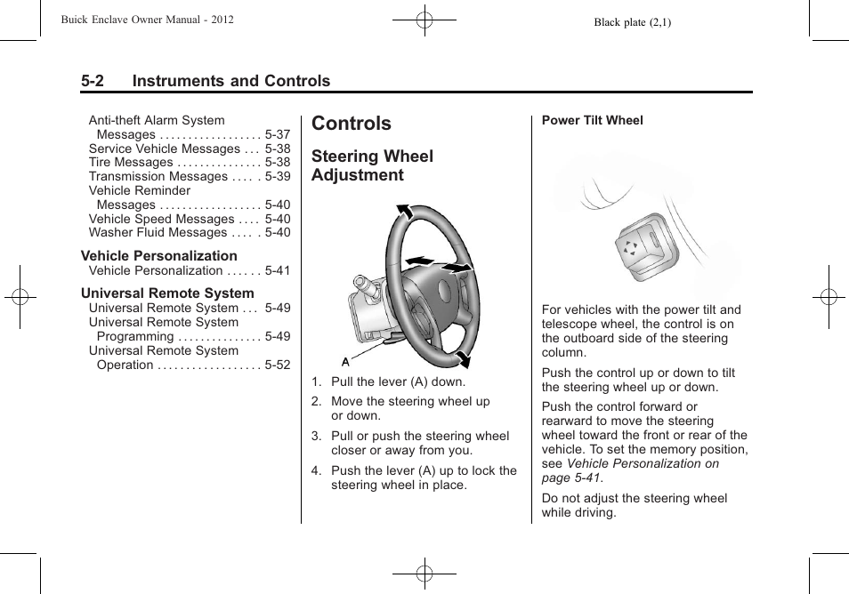 Controls, Steering wheel adjustment, Controls -2 | Climate control, Steering wheel adjustment on, Steering wheel adjustment -2 | Buick 2012 Enclave User Manual | Page 122 / 474