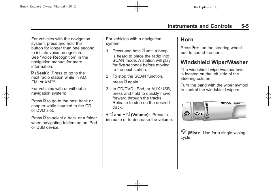 Horn, Windshield wiper/washer, Horn -5 windshield wiper/washer -5 | Buick 2012 Enclave User Manual | Page 125 / 474