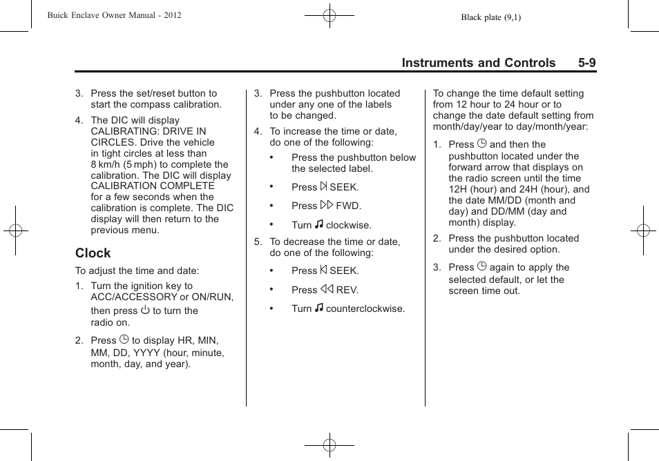 Clock, Clock -9, Instruments and controls 5-9 | Buick 2012 Enclave User Manual | Page 129 / 474