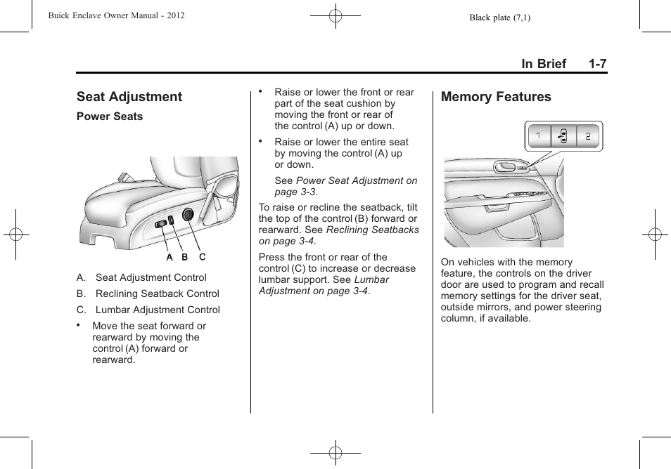 Seat adjustment, Memory features, Seat adjustment -7 memory features -7 | Buick 2012 Enclave User Manual | Page 13 / 474