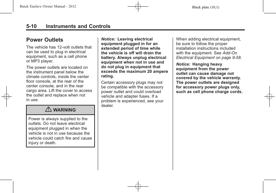 Power outlets, Power outlets -10 | Buick 2012 Enclave User Manual | Page 130 / 474