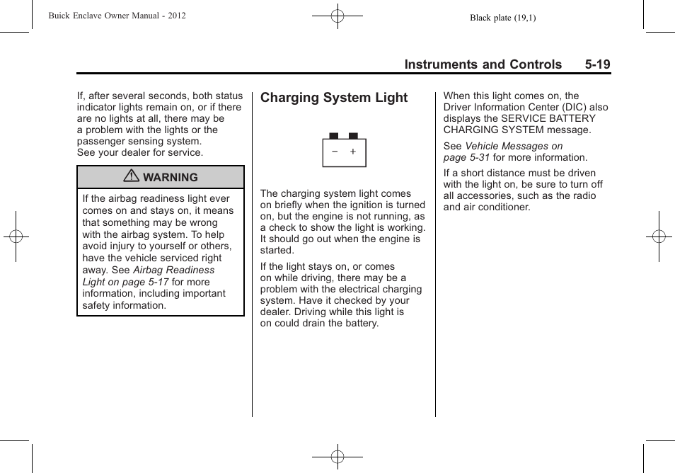 Charging system light, Charging system light -19 | Buick 2012 Enclave User Manual | Page 139 / 474