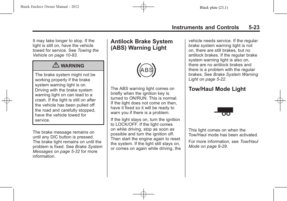 Antilock brake system (abs) warning light, Tow/haul mode light, Antilock brake system (abs) | Warning light -23, Tow/haul mode light -23 | Buick 2012 Enclave User Manual | Page 143 / 474