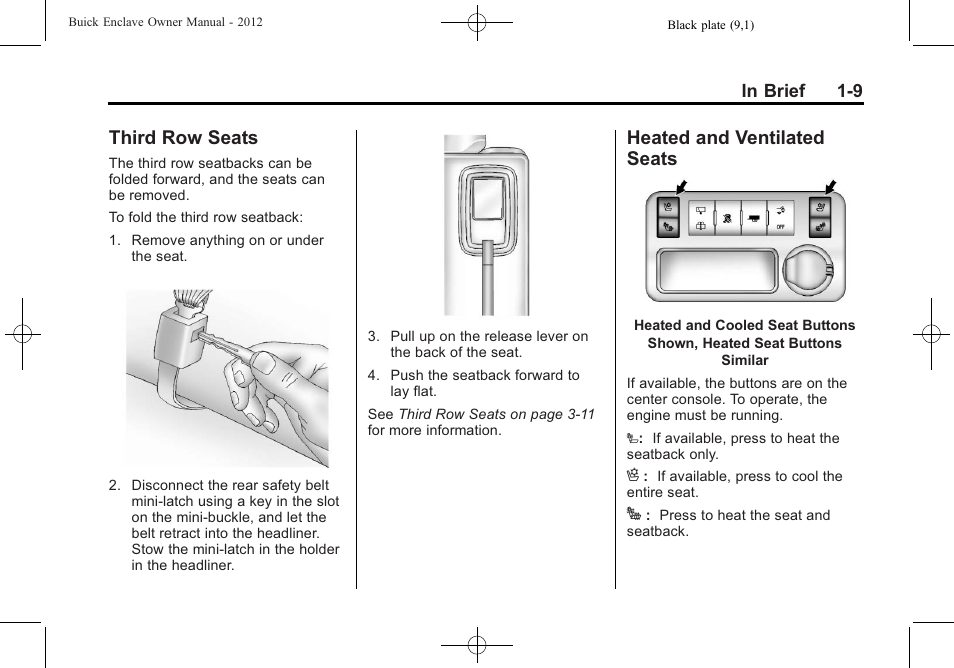 Third row seats, Heated and ventilated seats, Third row seats -9 heated and ventilated | Seats -9 | Buick 2012 Enclave User Manual | Page 15 / 474
