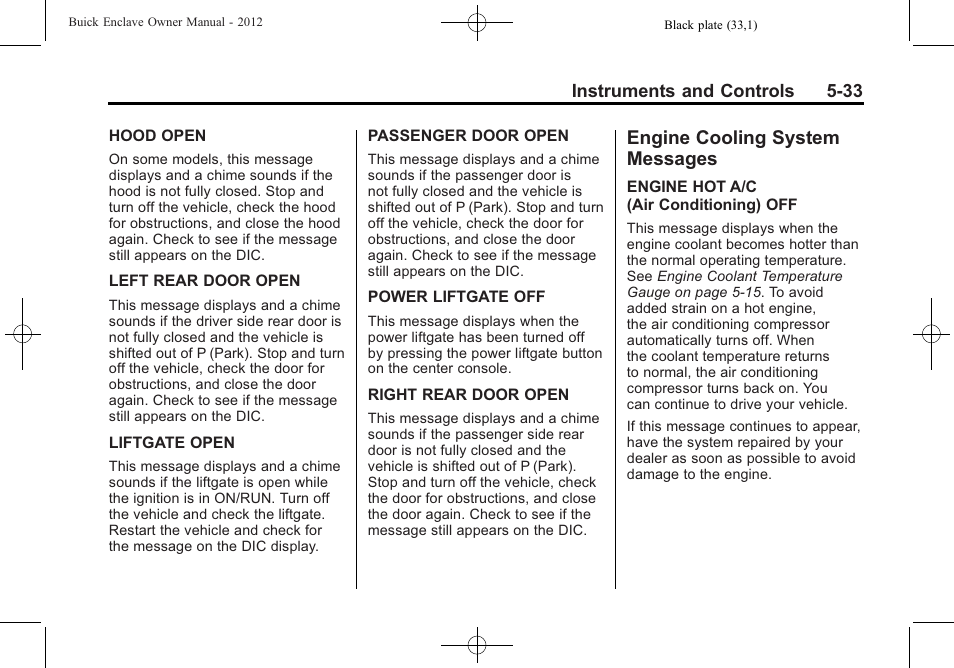 Engine cooling system messages, Engine cooling system, Messages -33 | Buick 2012 Enclave User Manual | Page 153 / 474