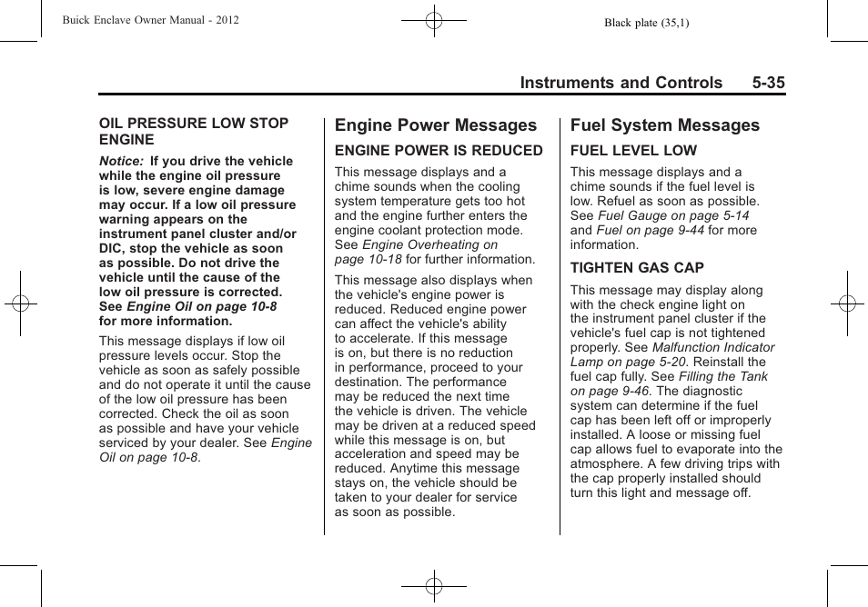 Engine power messages, Fuel system messages, Engine power messages -35 fuel system messages -35 | Buick 2012 Enclave User Manual | Page 155 / 474