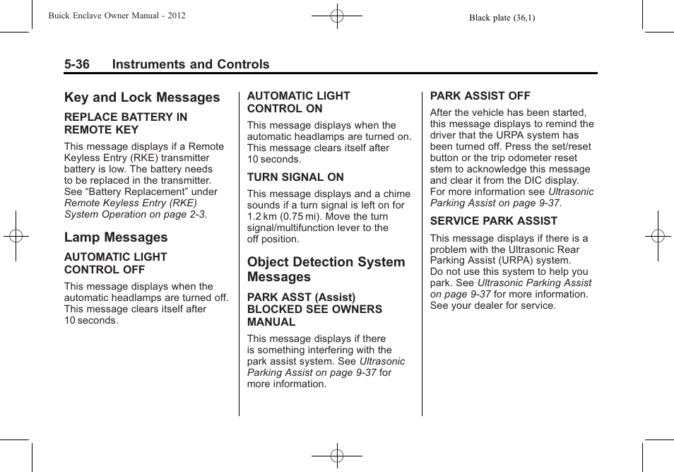 Key and lock messages, Lamp messages, Object detection system messages | Messages -36 | Buick 2012 Enclave User Manual | Page 156 / 474