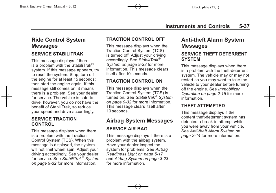 Ride control system messages, Airbag system messages, Anti-theft alarm system messages | Ride control system, Messages -37, Airbag system messages -37, Anti-theft alarm system, Instruments and controls 5-37 | Buick 2012 Enclave User Manual | Page 157 / 474