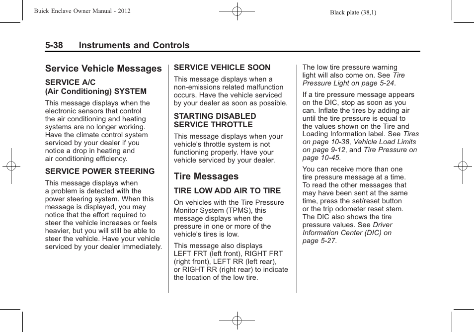 Service vehicle messages, Tire messages, Service vehicle messages -38 tire messages -38 | Steering | Buick 2012 Enclave User Manual | Page 158 / 474