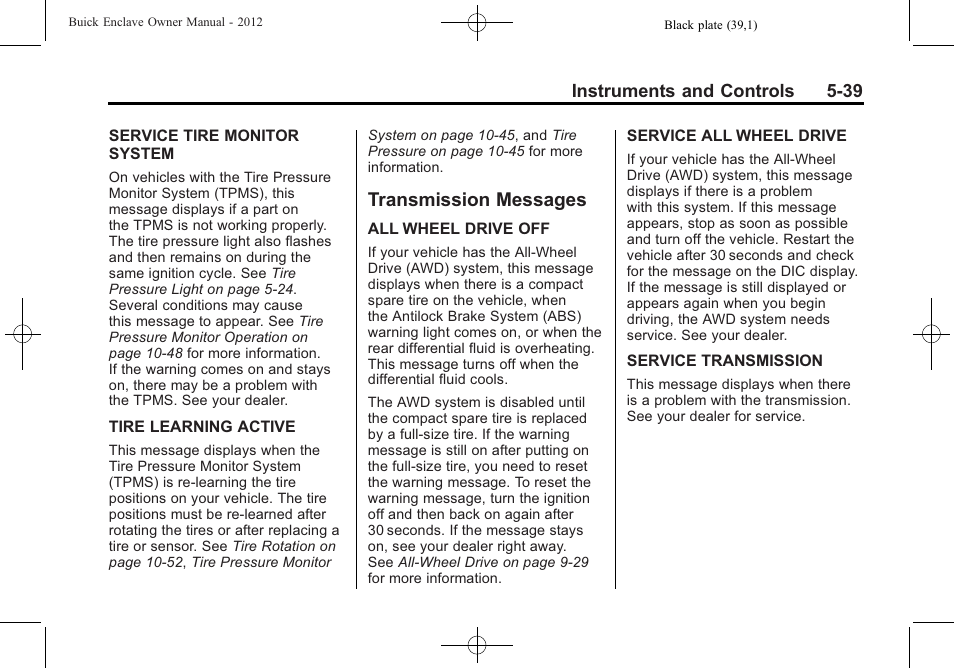 Transmission messages, Transmission messages -39, Adjustment | Buick 2012 Enclave User Manual | Page 159 / 474