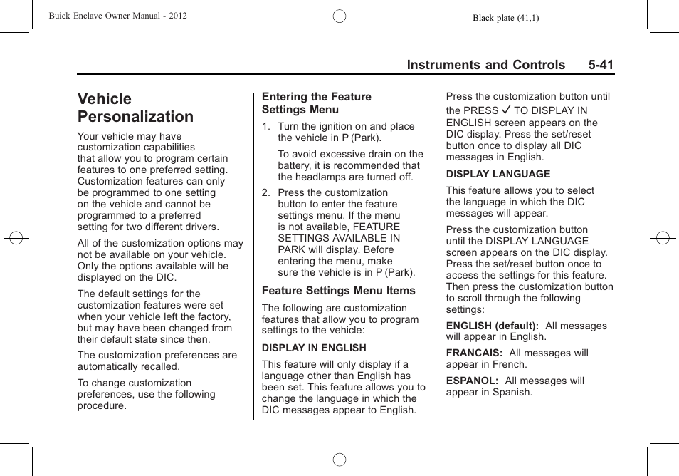 Vehicle personalization, Personalization -41, Driving | Vehicle personalization -41 | Buick 2012 Enclave User Manual | Page 161 / 474